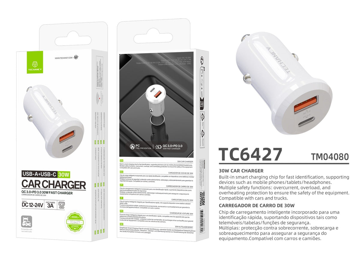 Techancy Billaddare 30W – USB-A + USB-C, QC3.0 & PD3.0