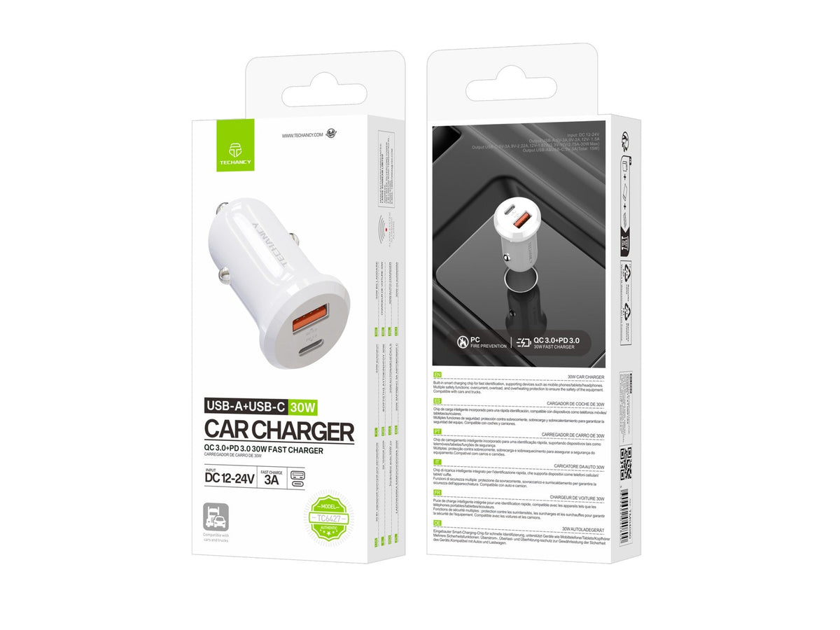 Techancy Billaddare 30W – USB-A + USB-C, QC3.0 & PD3.0