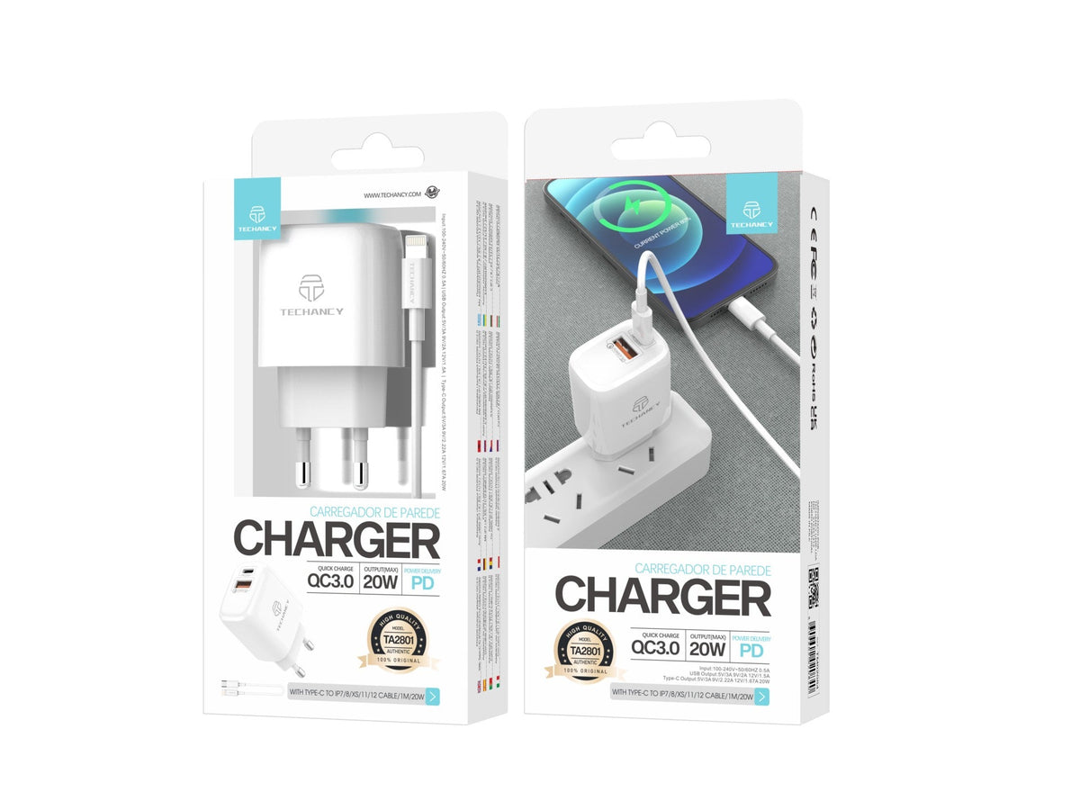 Techancy 20W USB-C Laddare – PD & QC3.0, USB-C till Lightning